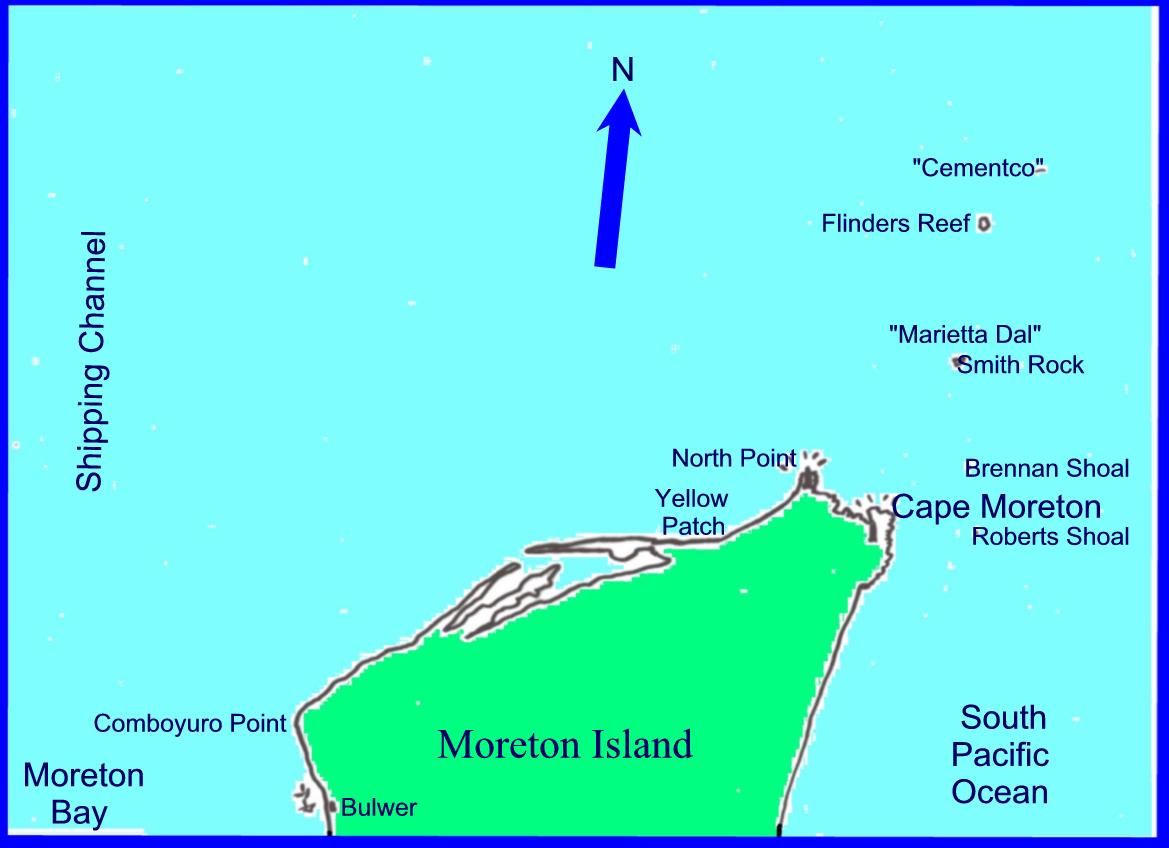 Chart of Cape Moreton arrea showing popular scuba diving sites.