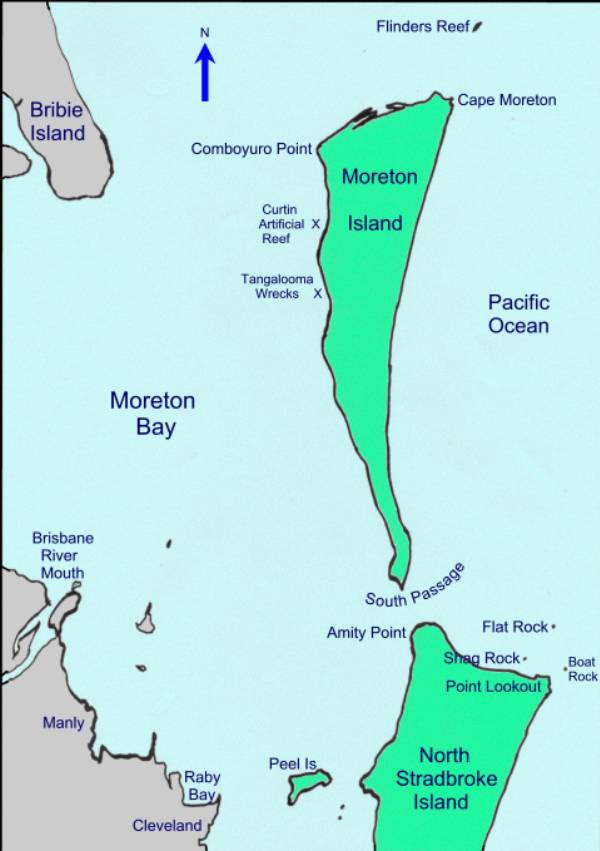 Chart of Moreton Bay showing popular scuba diving sites.