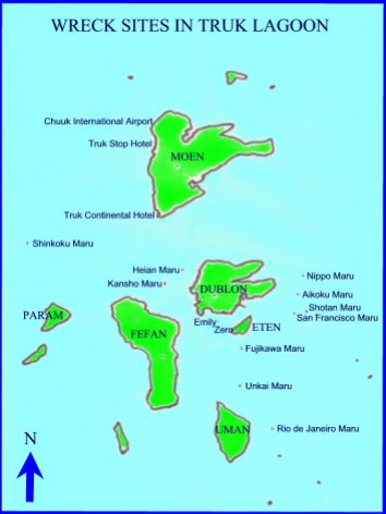 Chart of some of the popular wrecks in Truk Lagoon